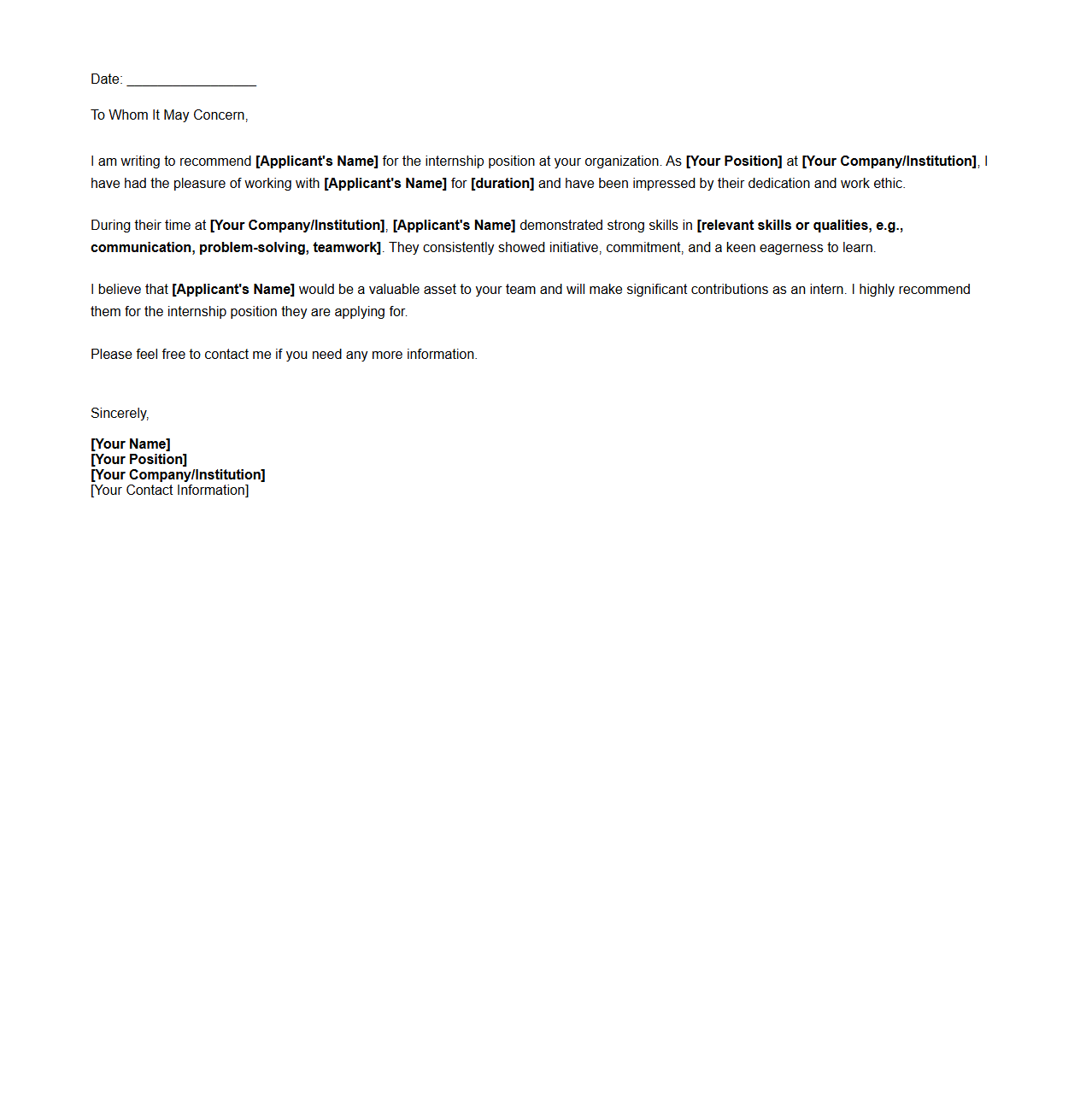 Simple Reference Letter Template for Internship Application
