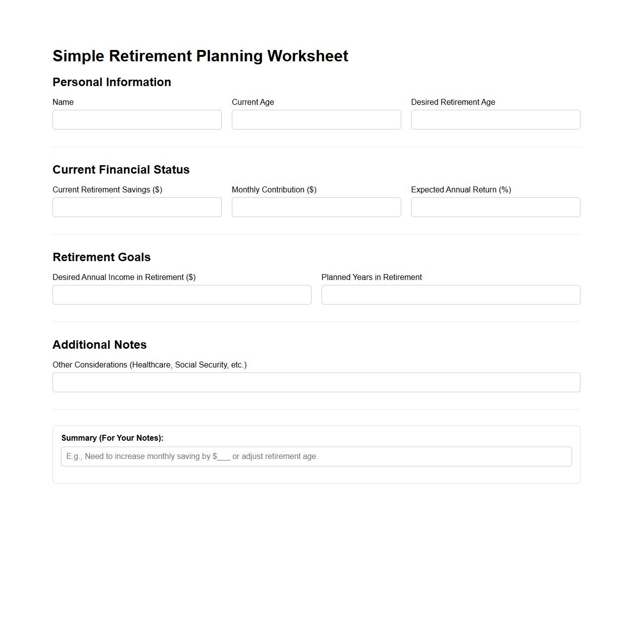 Simple Retirement Planning Worksheet for Long-Term Security