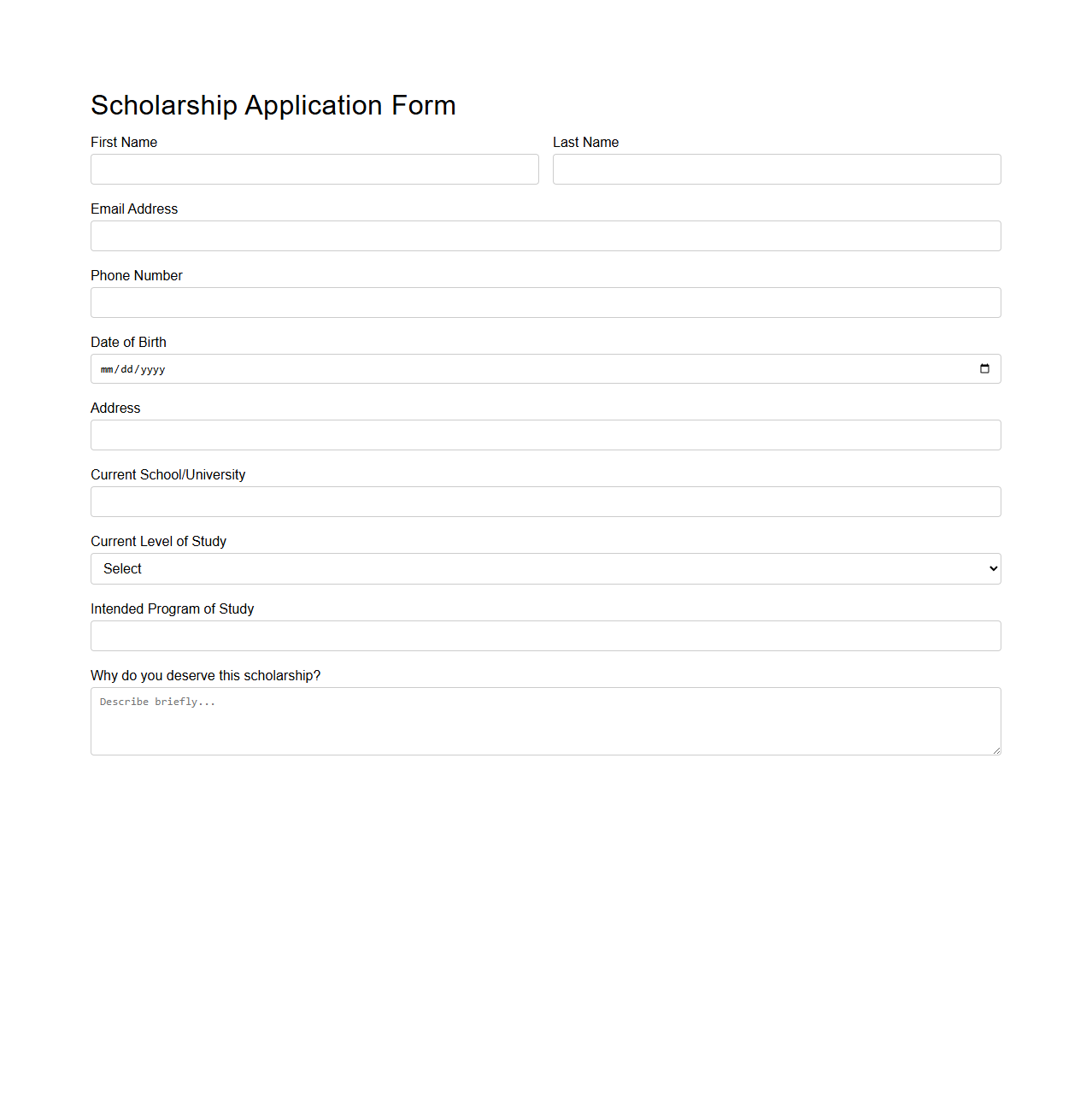 Simple Scholarship Application Form Template