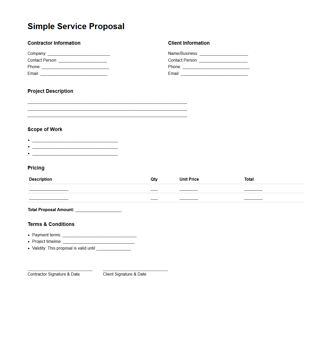 Simple Service Proposal Template for Construction Contractors