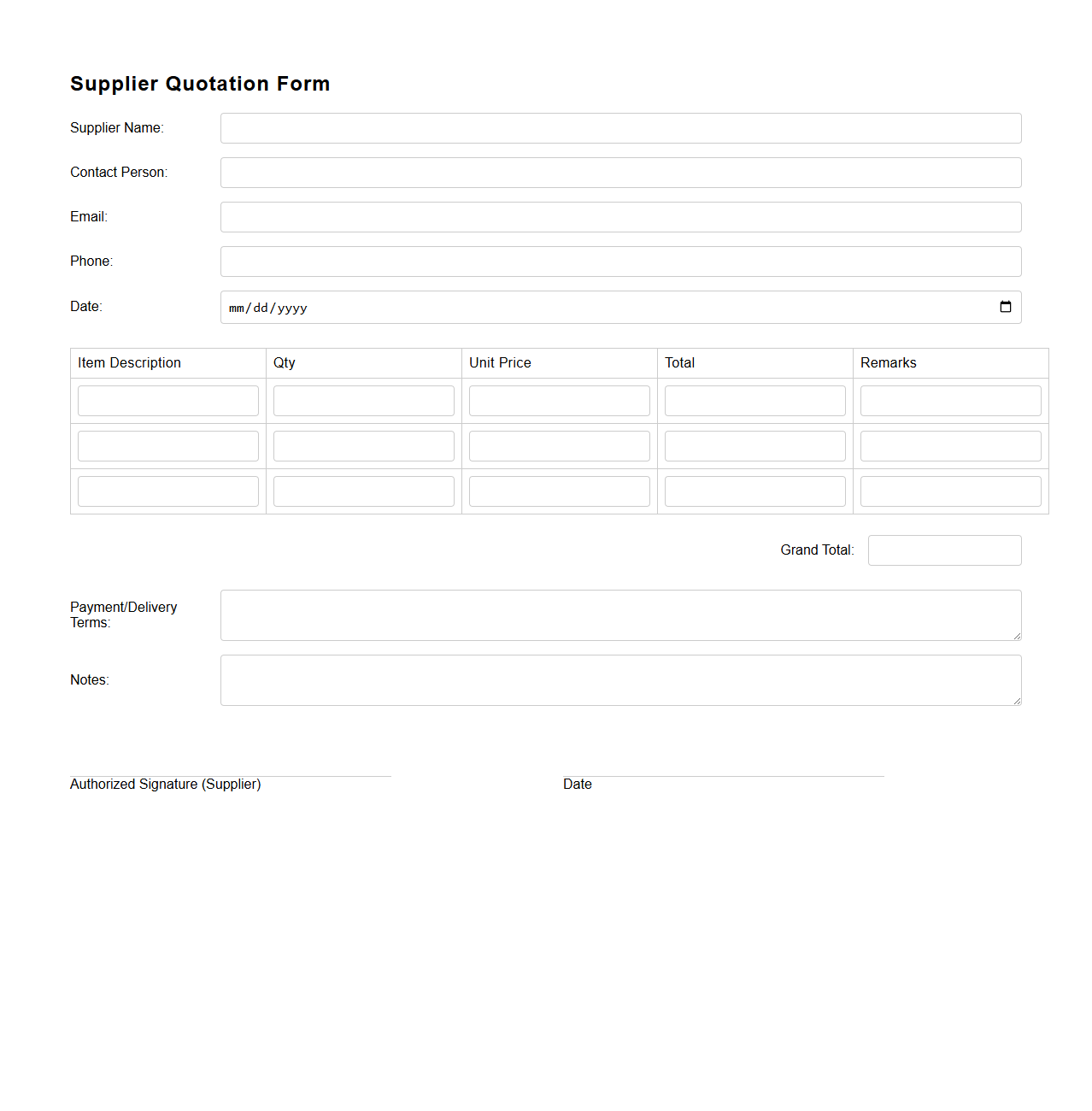Simple Supplier Quotation Form for Purchasing