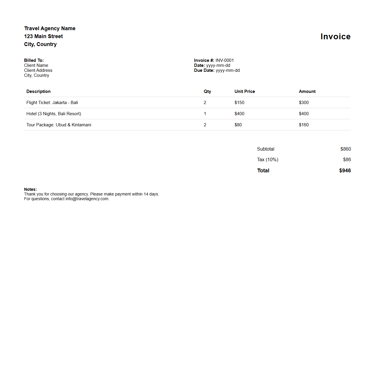 Simple Travel Agency Invoice Template