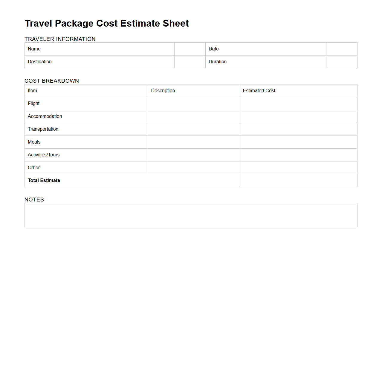 Simple Travel Package Cost Estimate Sheet