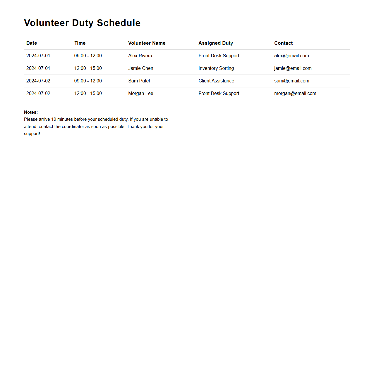 Simple Volunteer Duty Schedule for Small Nonprofits