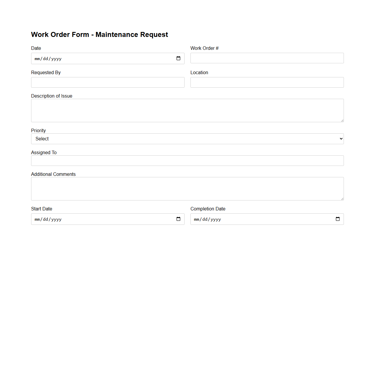 Simple Work Order Form for Maintenance Requests