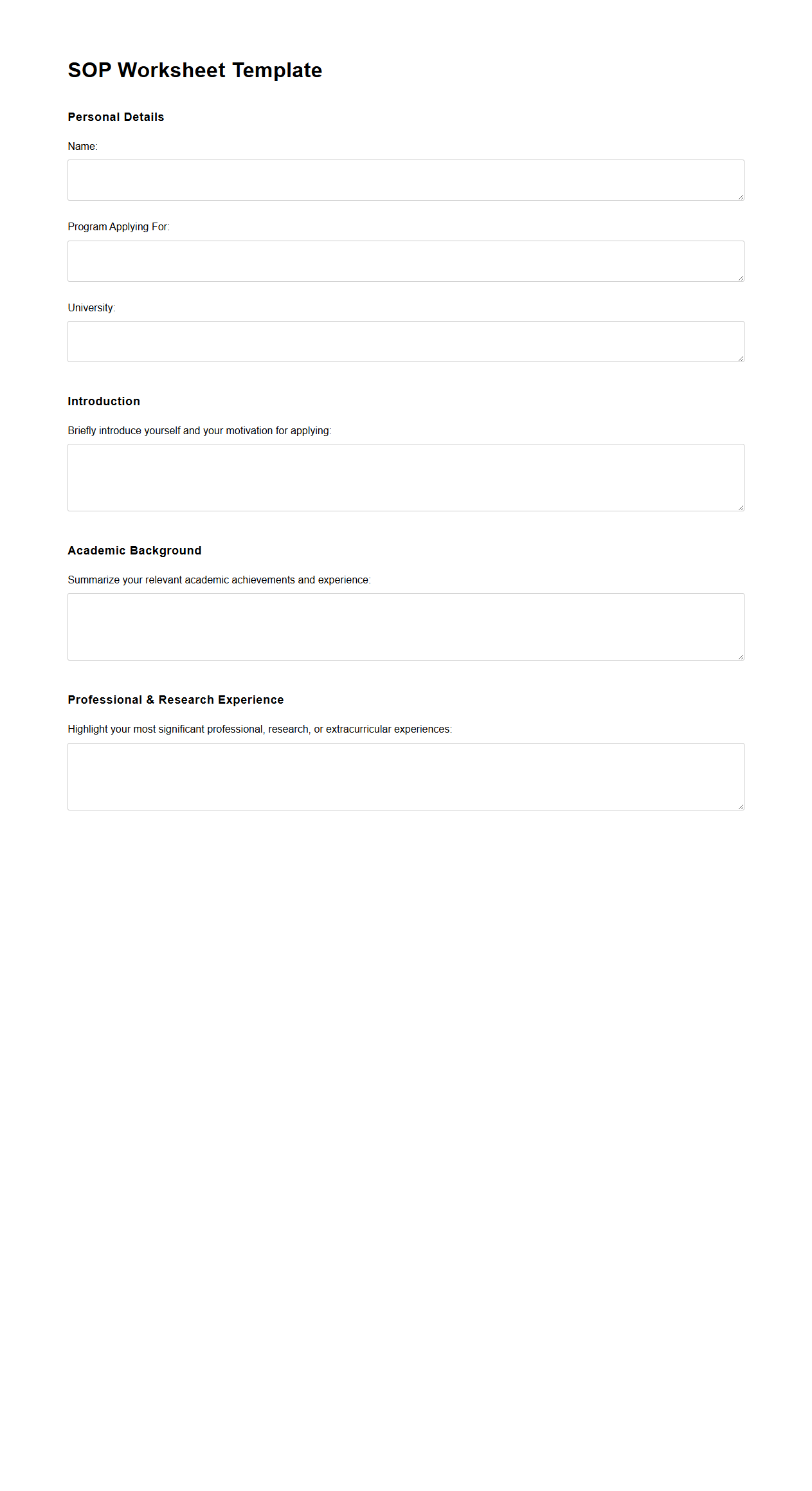 SOP Worksheet Template for Admission Essays