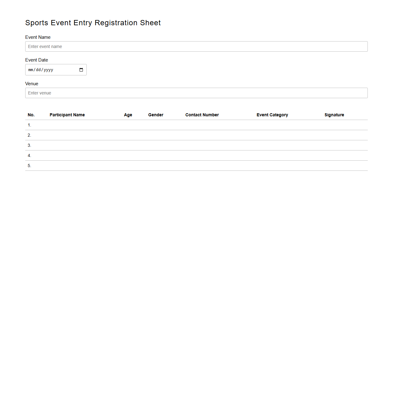 Sports Event Entry Registration Sheet