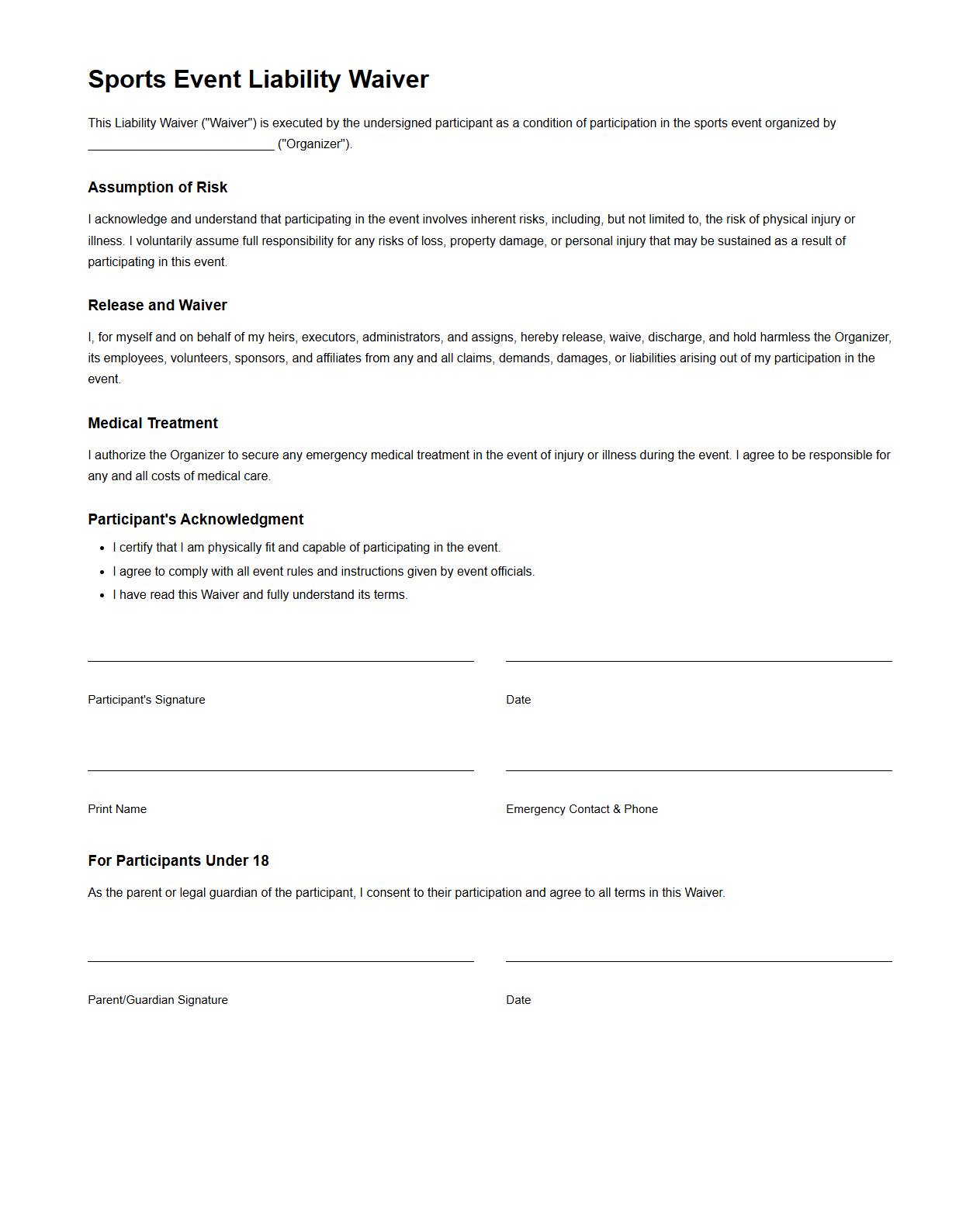 Sports Event Liability Waiver Template