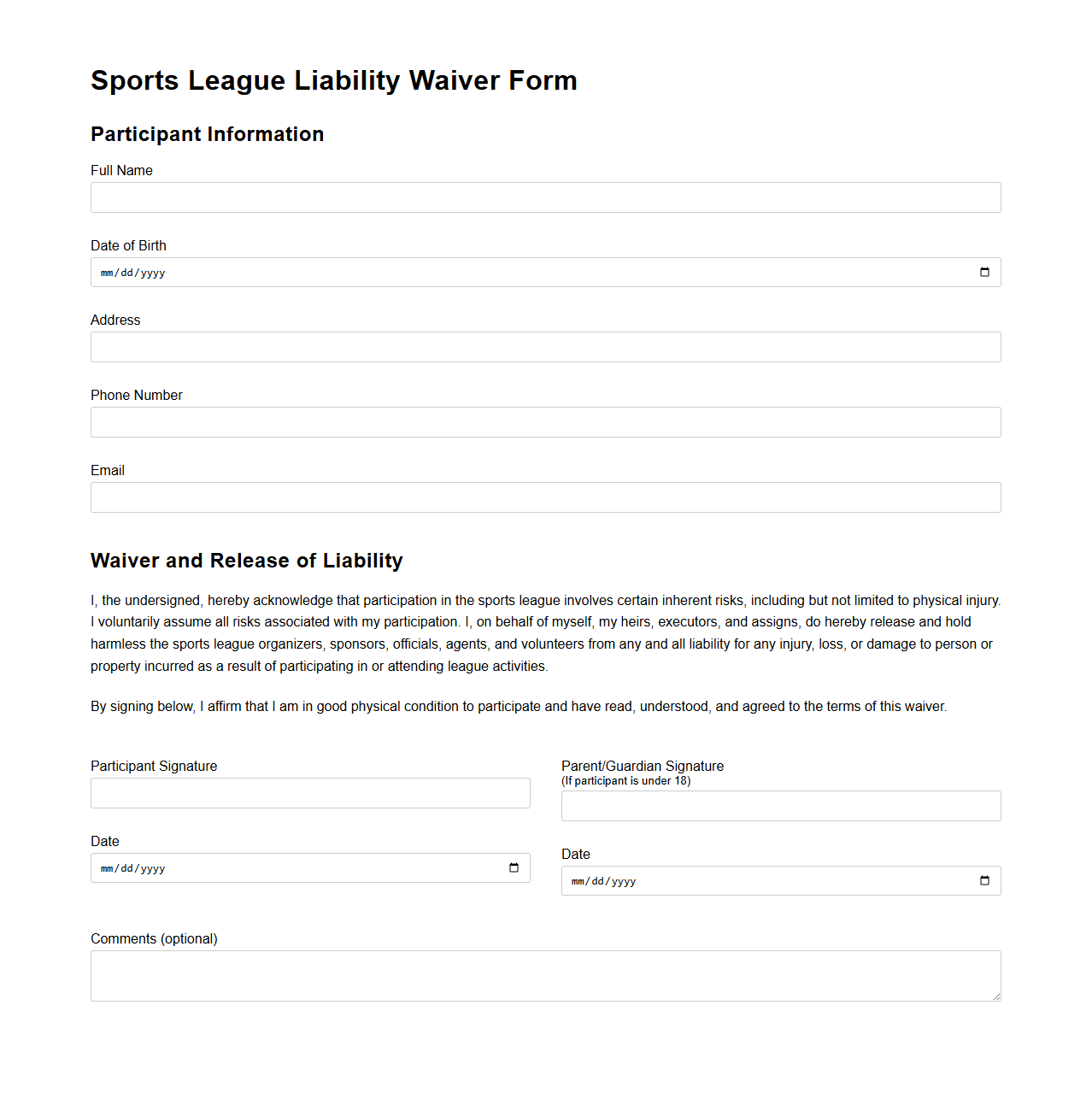 Sports League Liability Waiver Form