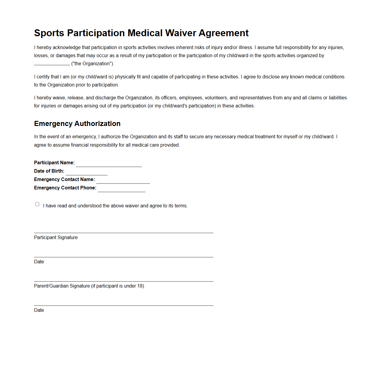 Sports Participation Medical Waiver Agreement