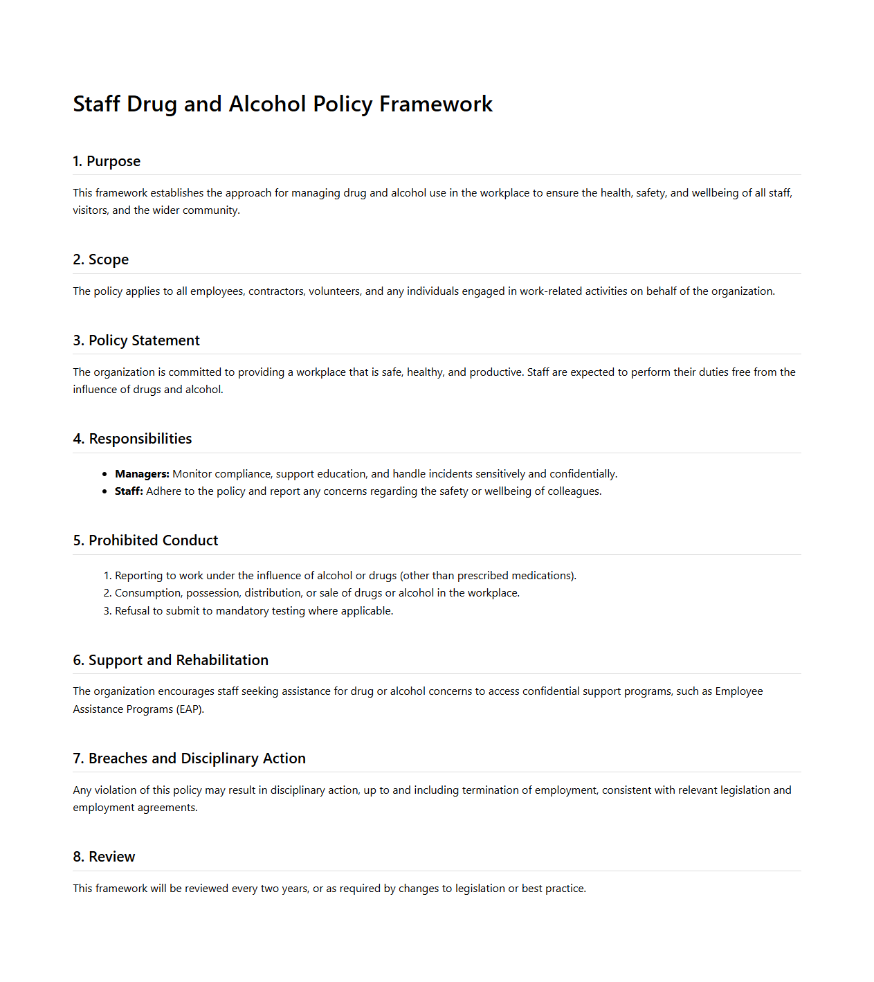 Staff Drug and Alcohol Policy Framework