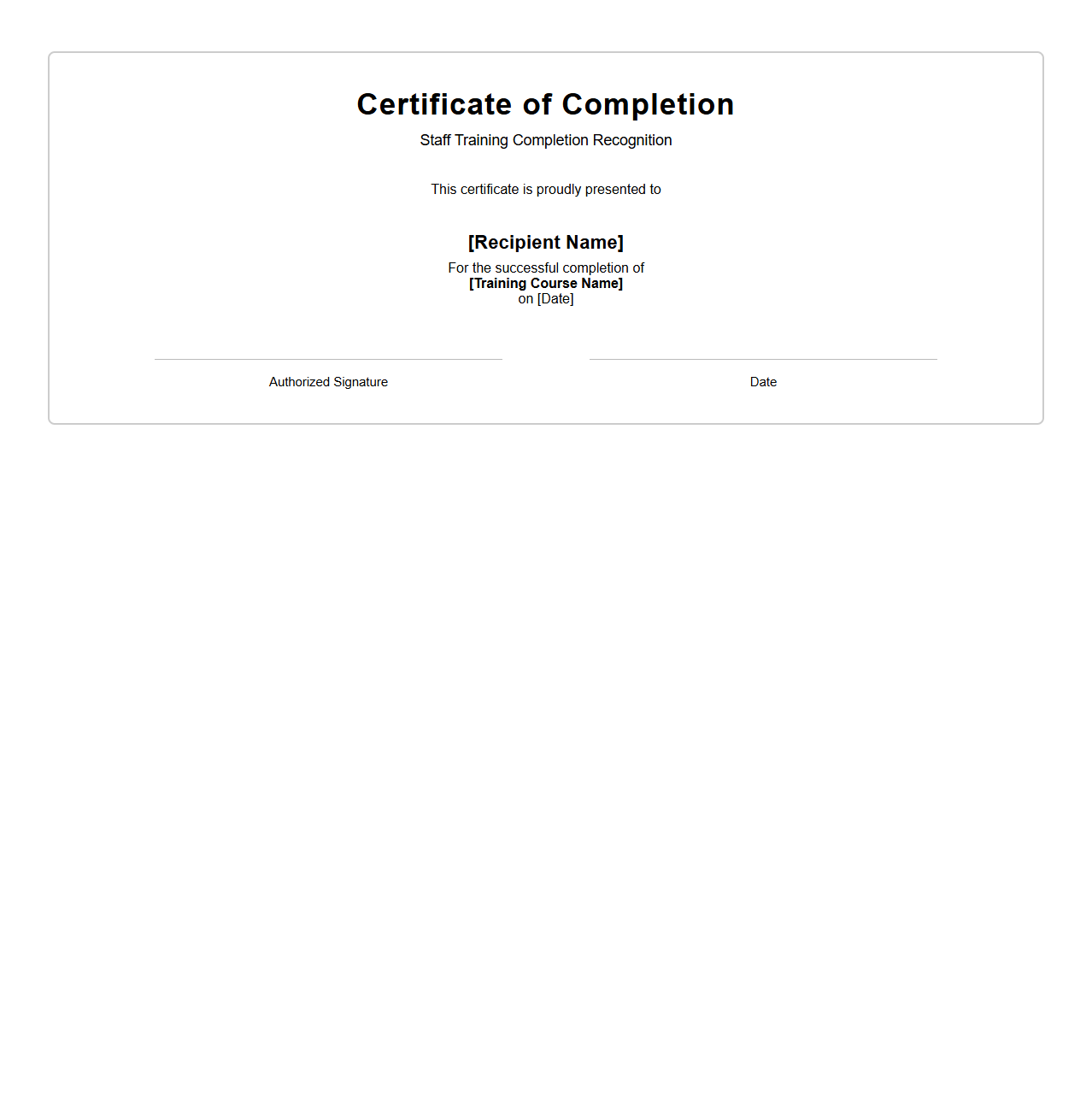 Staff Training Completion Recognition Certificate