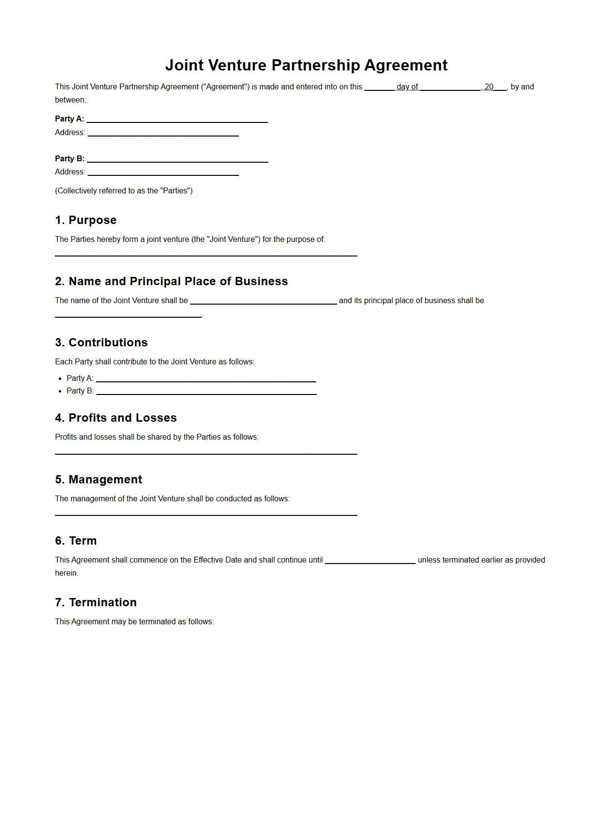 Standard Blank Joint Venture Partnership Agreement Template