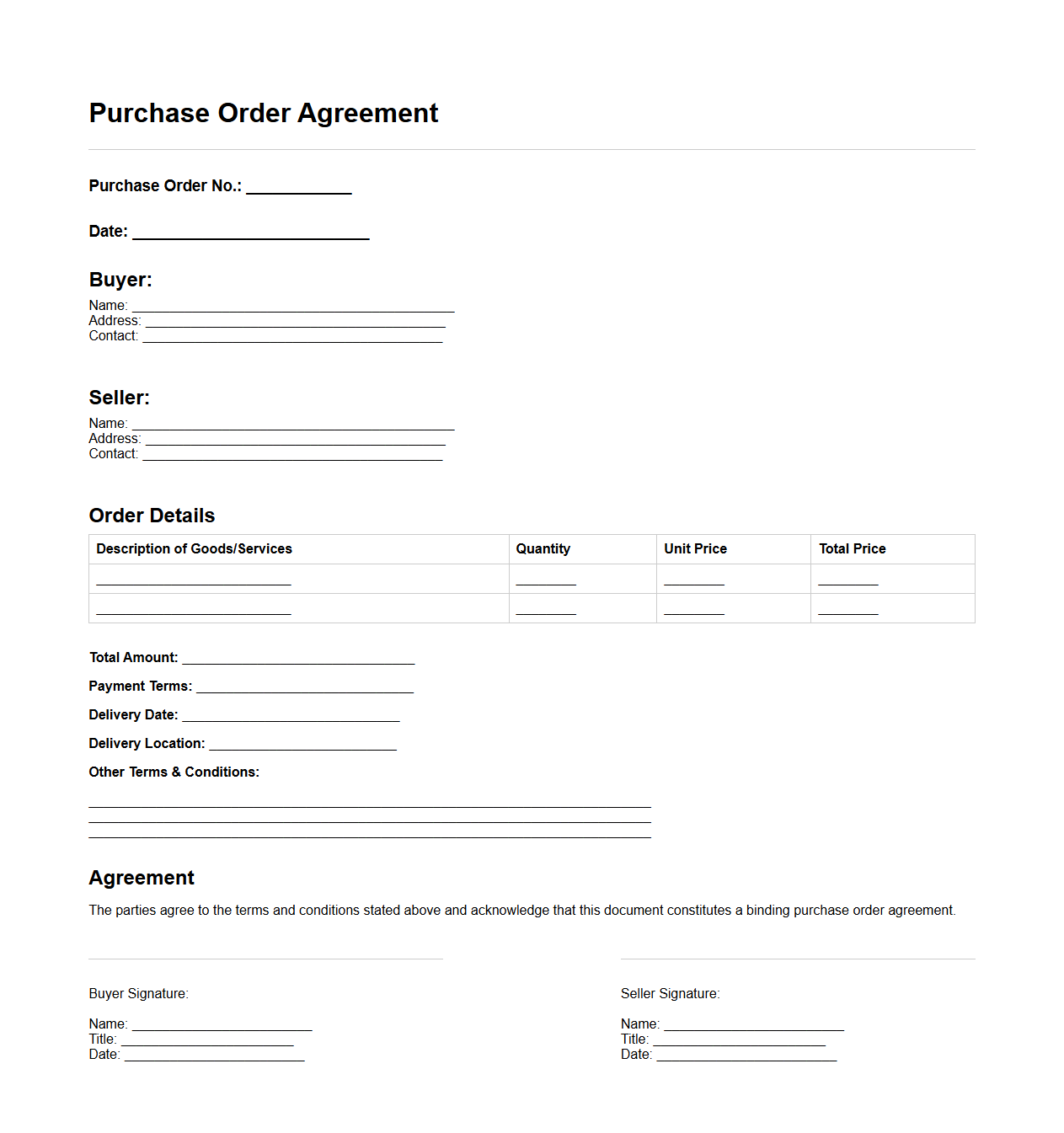 Standard Blank Purchase Order Agreement