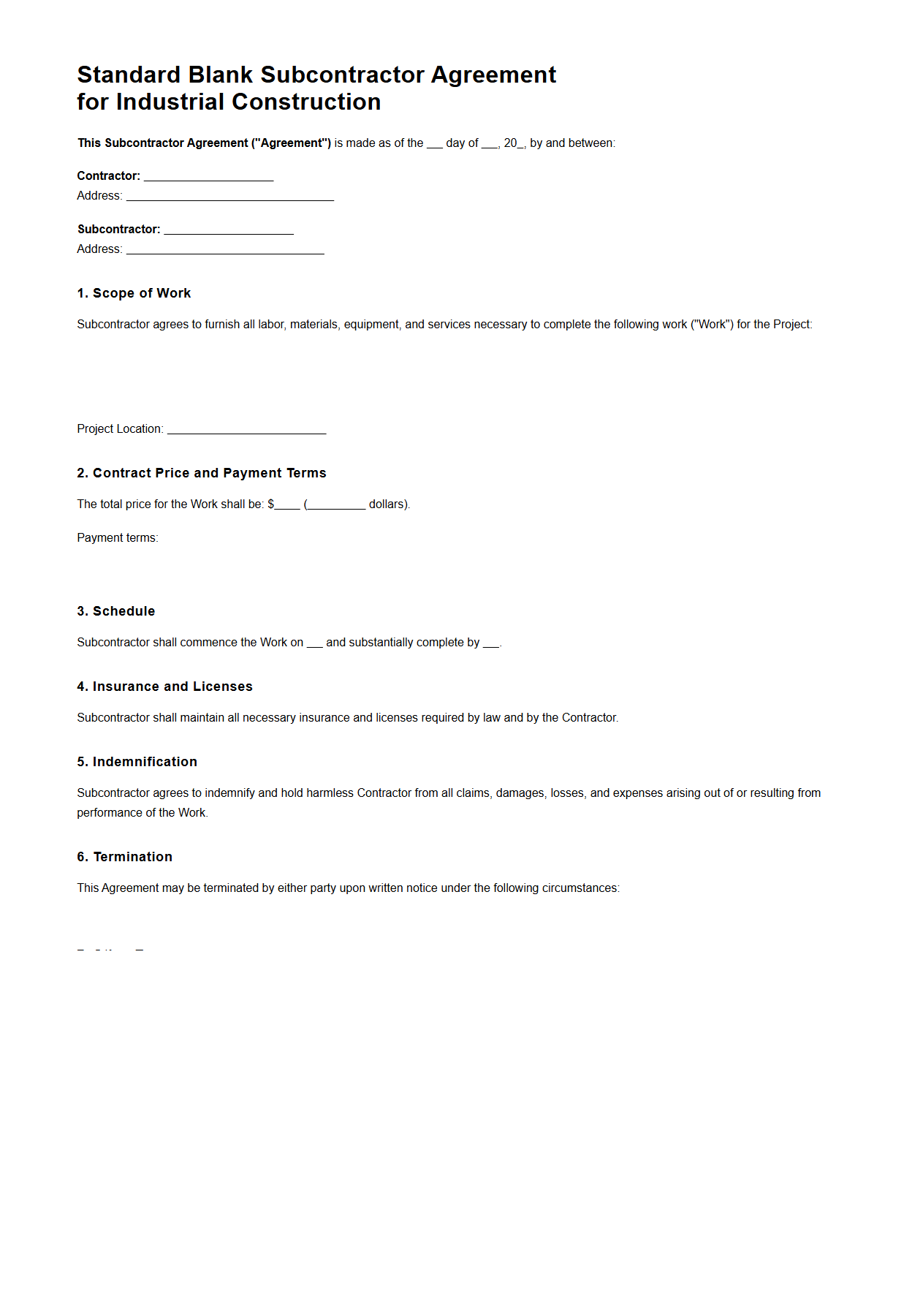 Standard Blank Subcontractor Agreement for Industrial Construction