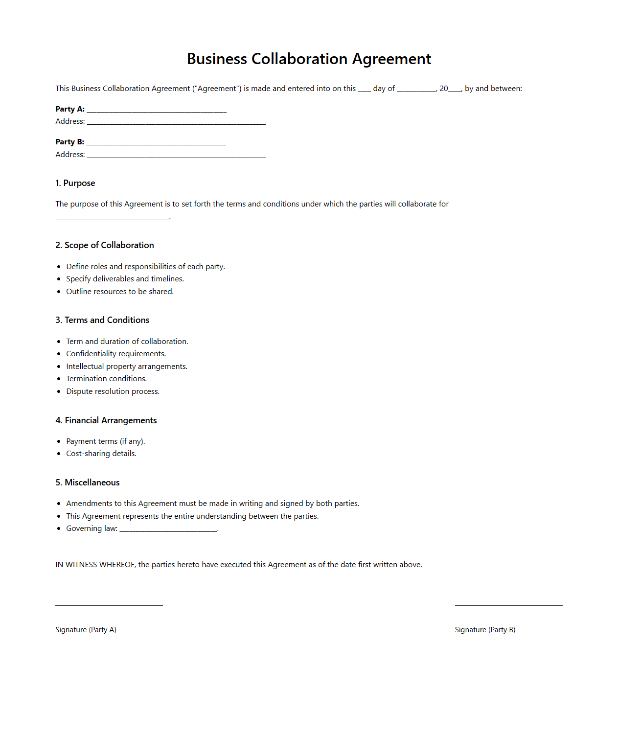 Standard Business Collaboration Agreement Format