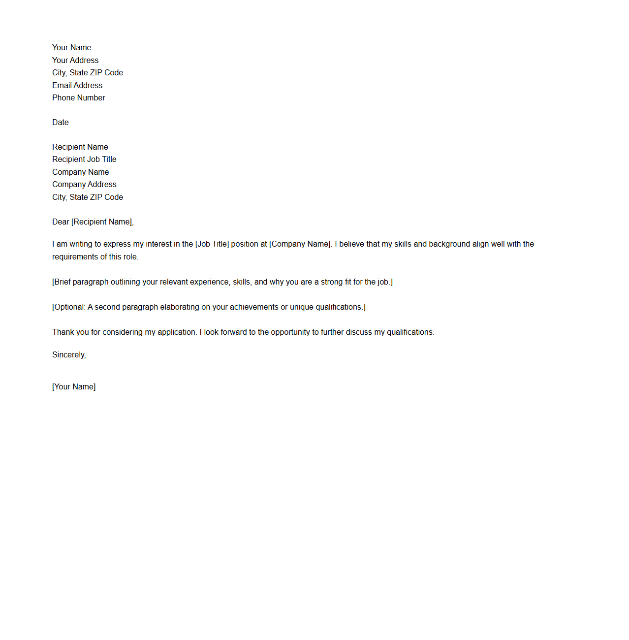 Standard Cover Letter Template for Work