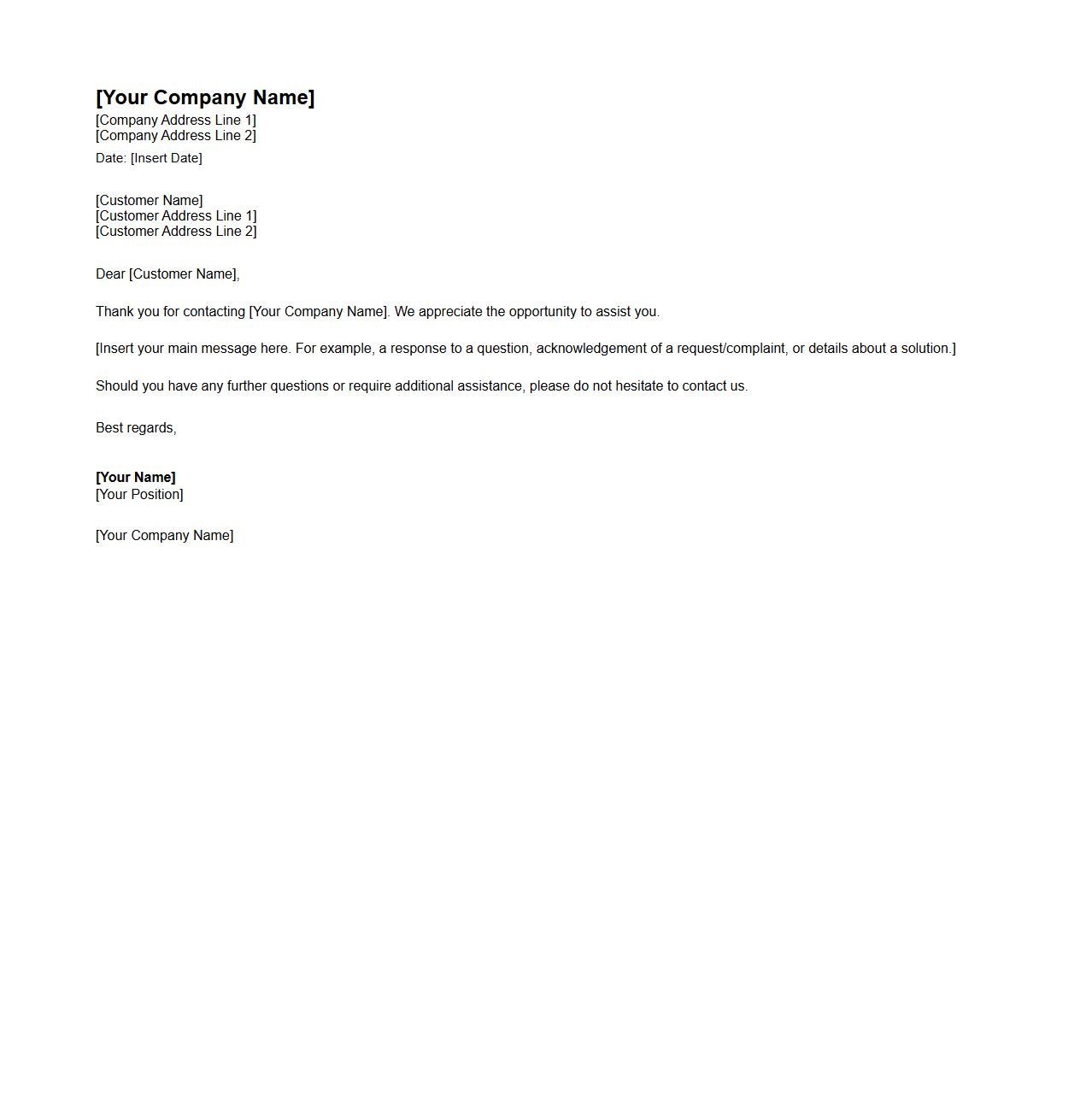 Standard Customer Service Correspondence Template