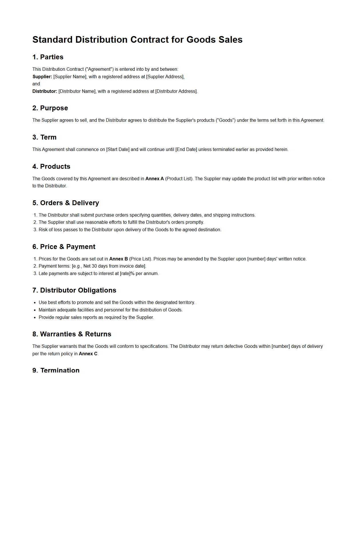 Standard Distribution Contract for Goods Sales