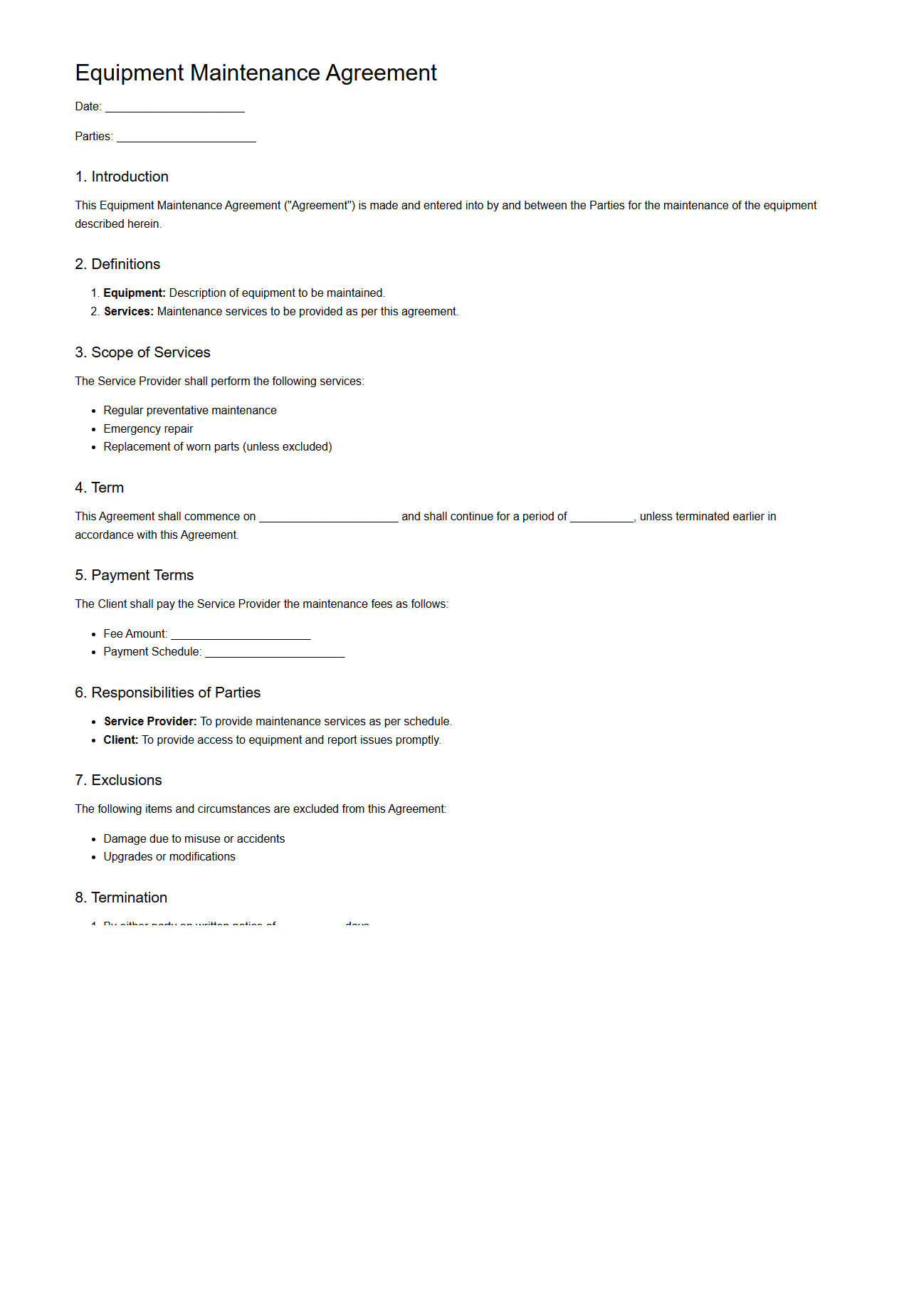 Standard Equipment Maintenance Agreement Structure
