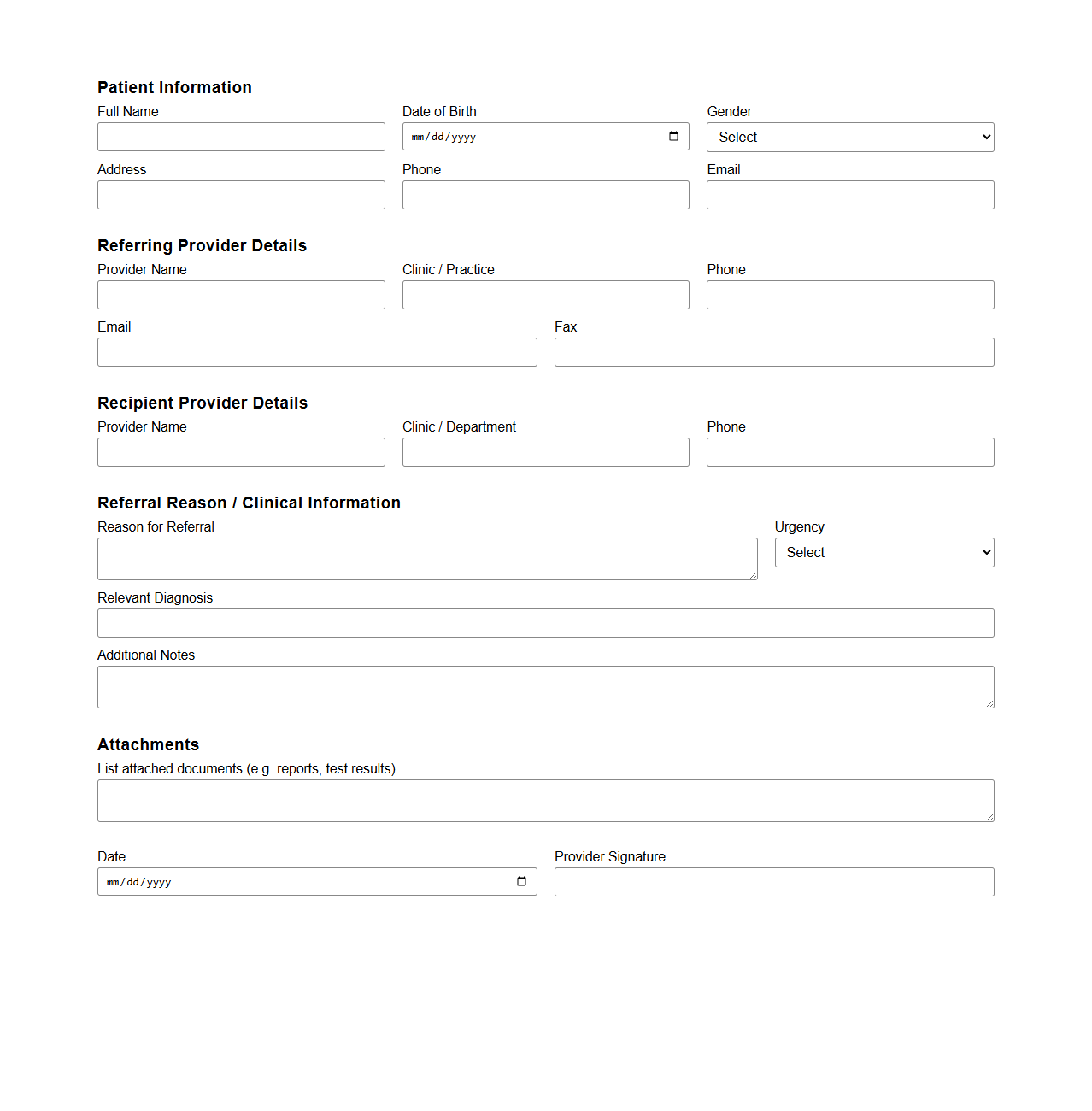 Standard Healthcare Provider Referral Form Layout