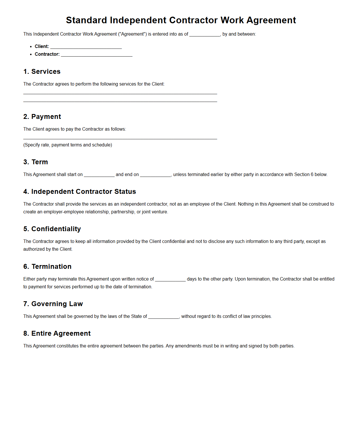 Standard Independent Contractor Work Agreement