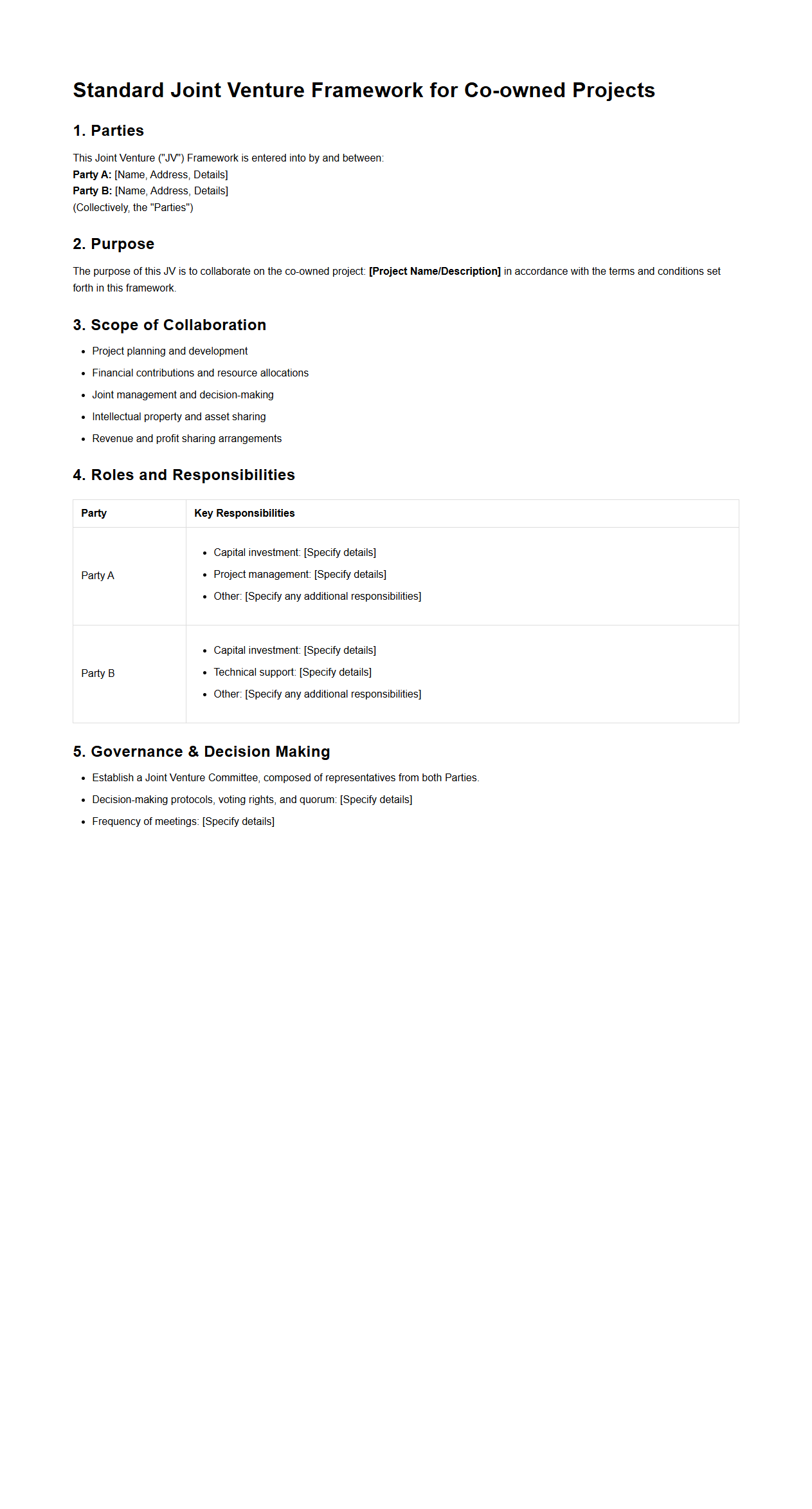 Standard Joint Venture Framework for Co-owned Projects