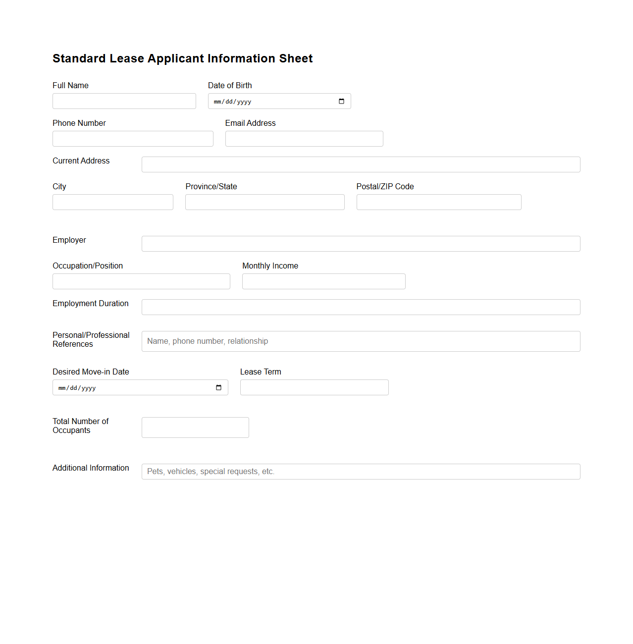 Standard Lease Applicant Information Sheet