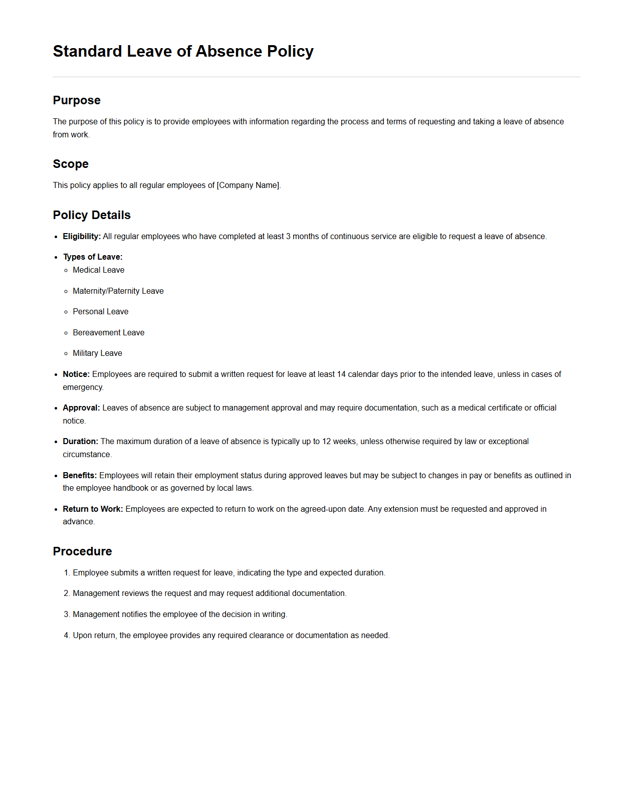 Standard Leave of Absence Policy Sample