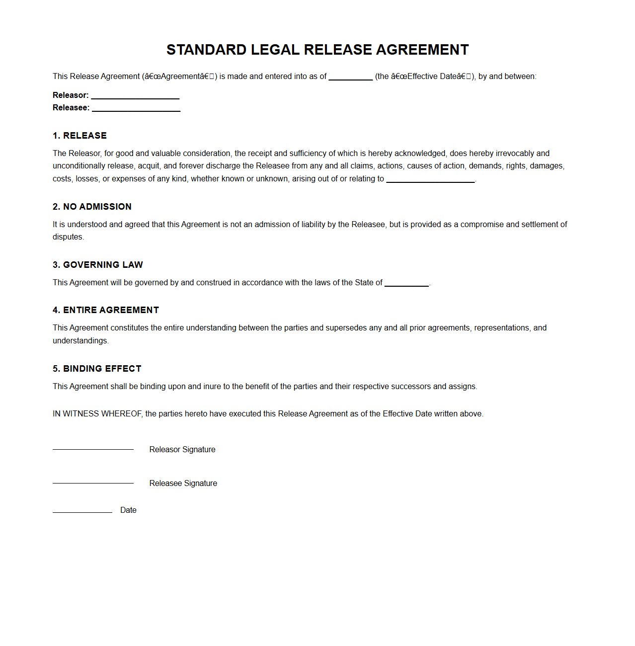 Standard Legal Release Agreement Template