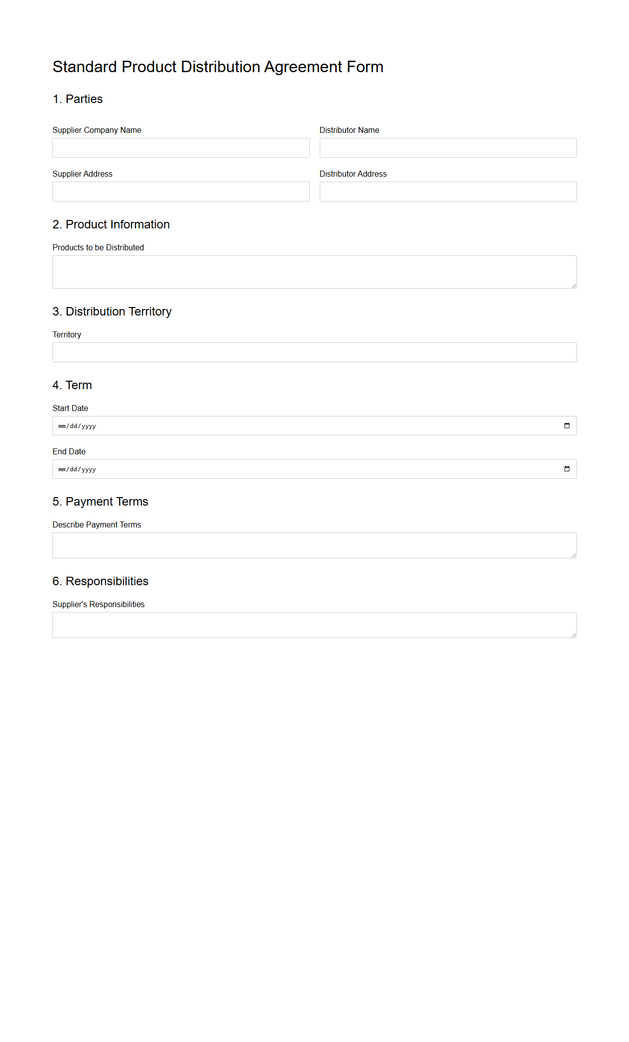 Standard Product Distribution Agreement Form