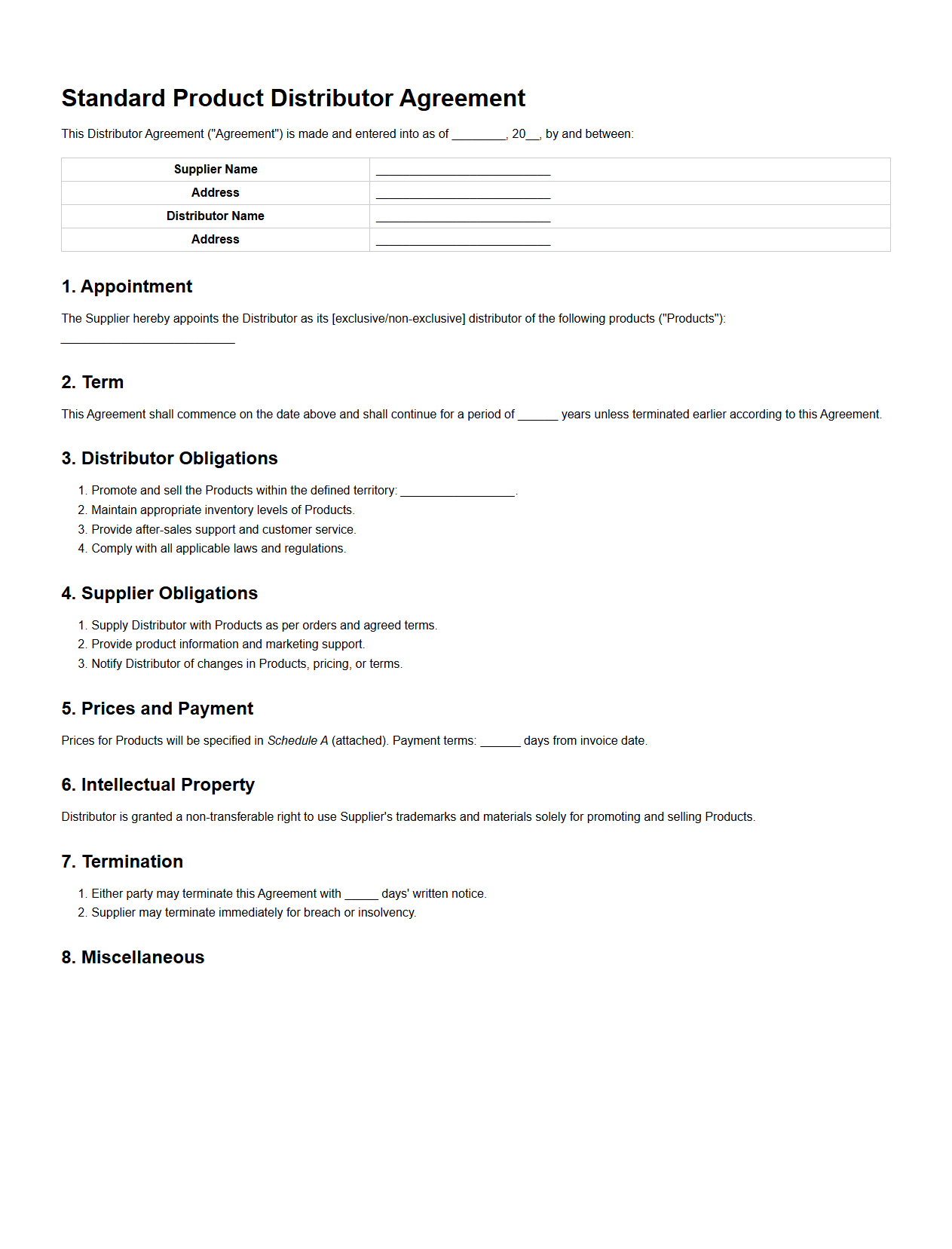 Standard Product Distributor Agreement Draft