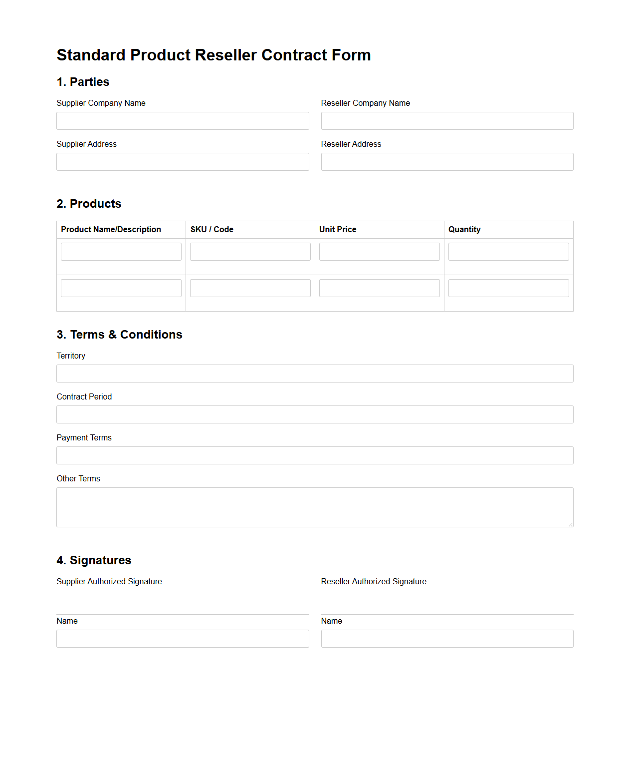 Standard Product Reseller Contract Form