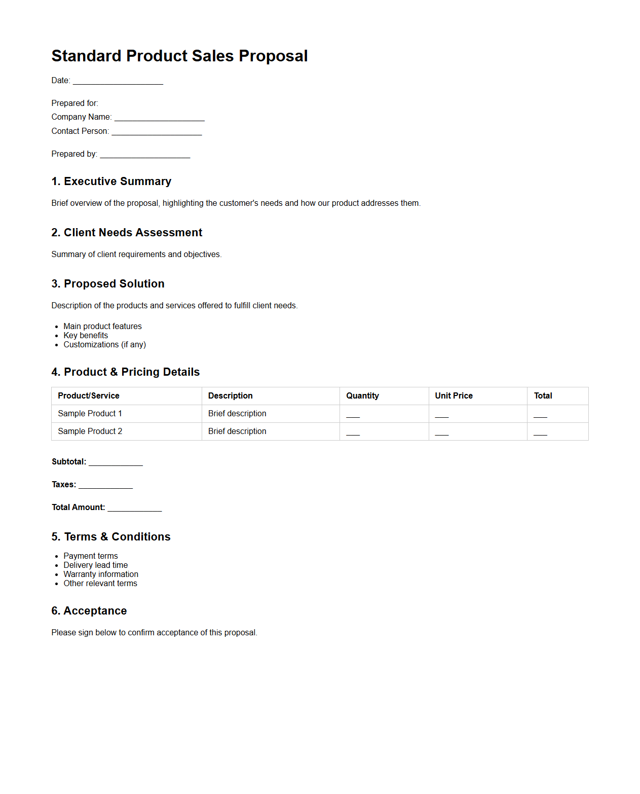 Standard Product Sales Proposal Layout