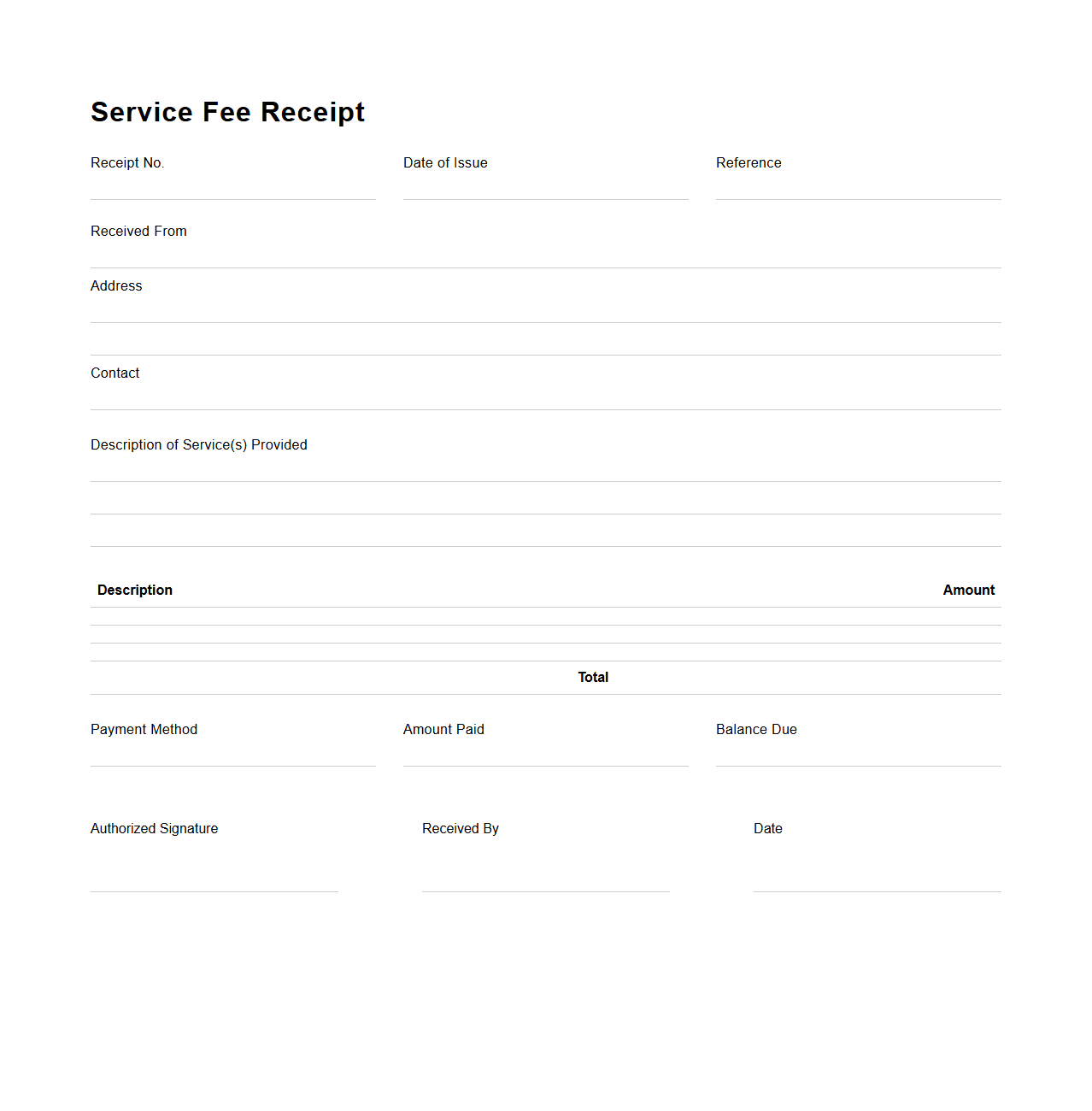 Standard Service Fee Receipt Template