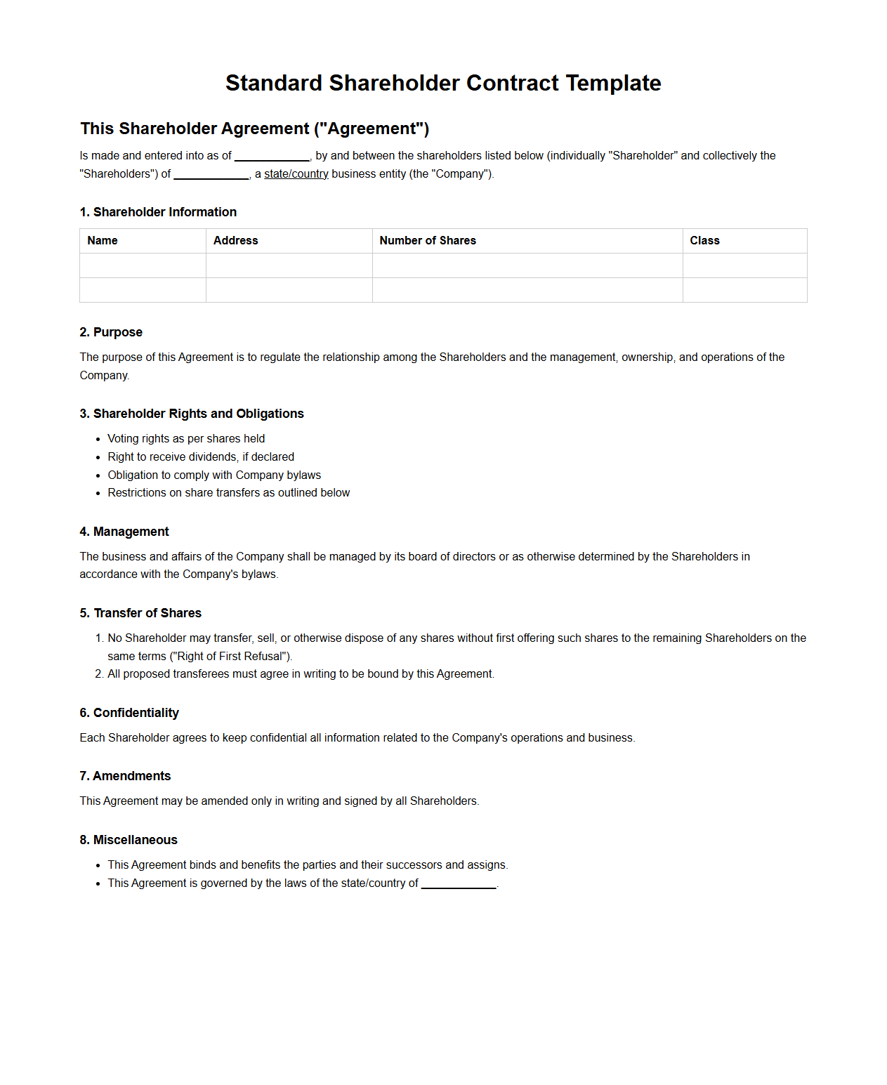 Standard Shareholder Contract Template for Business Entities