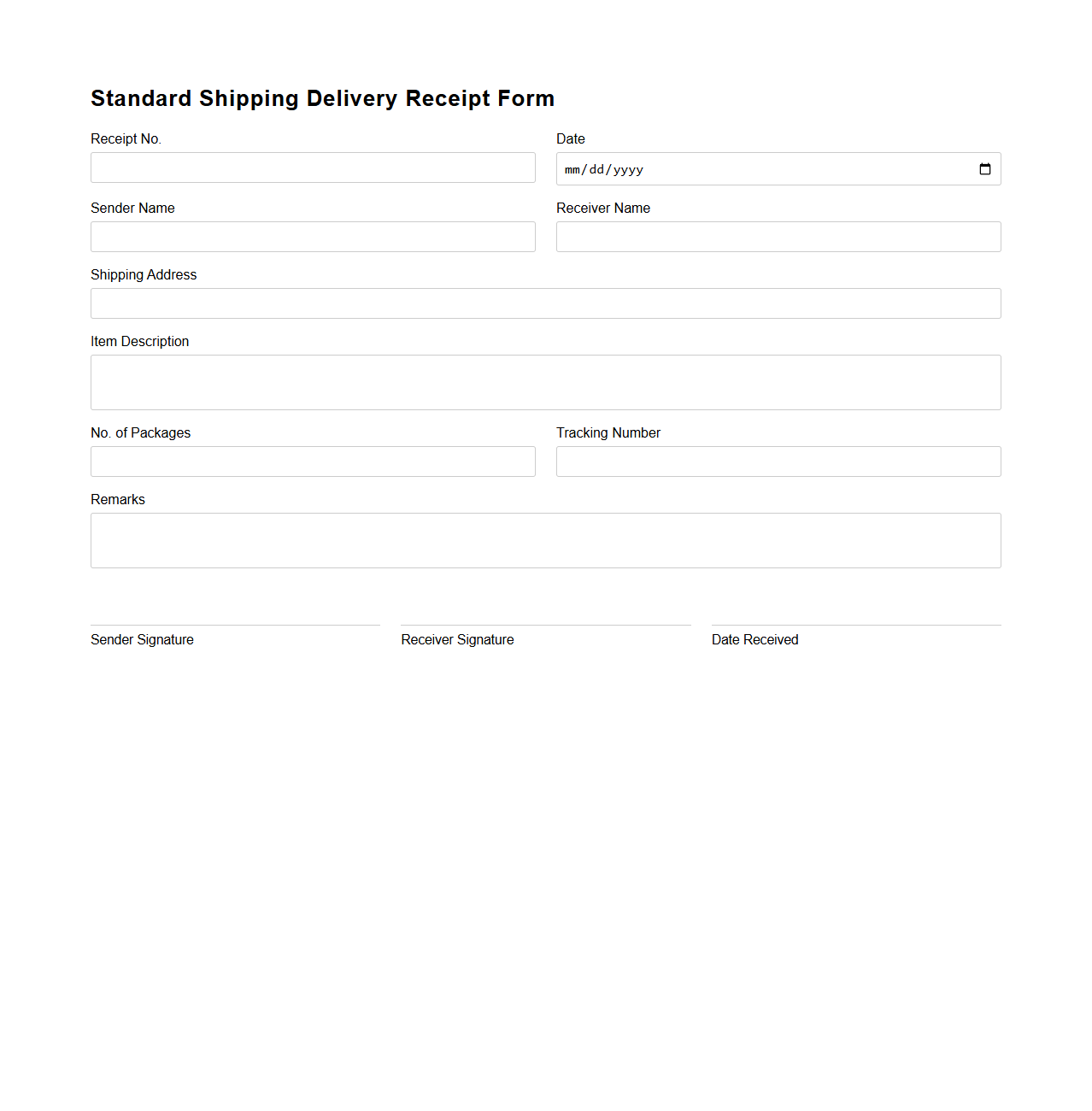 Standard Shipping Delivery Receipt Form