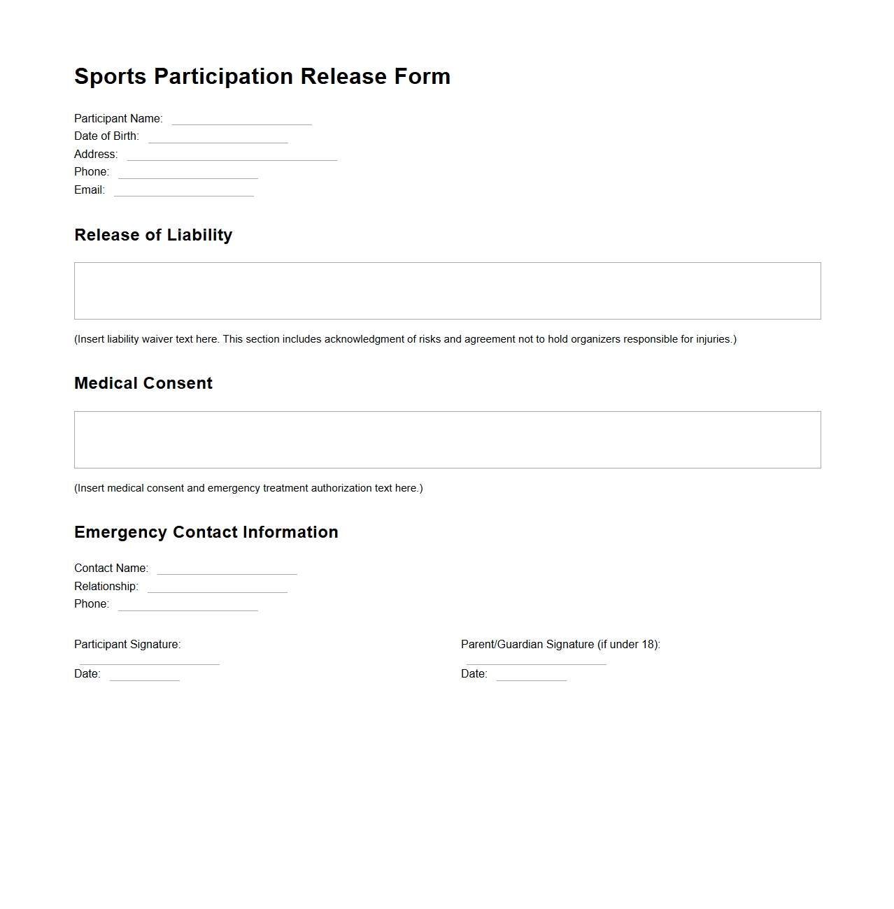 Standard Sports Participation Release Form