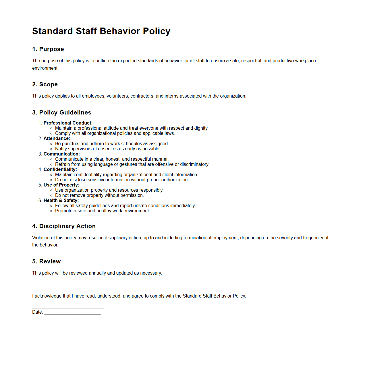 Standard Staff Behavior Policy Format