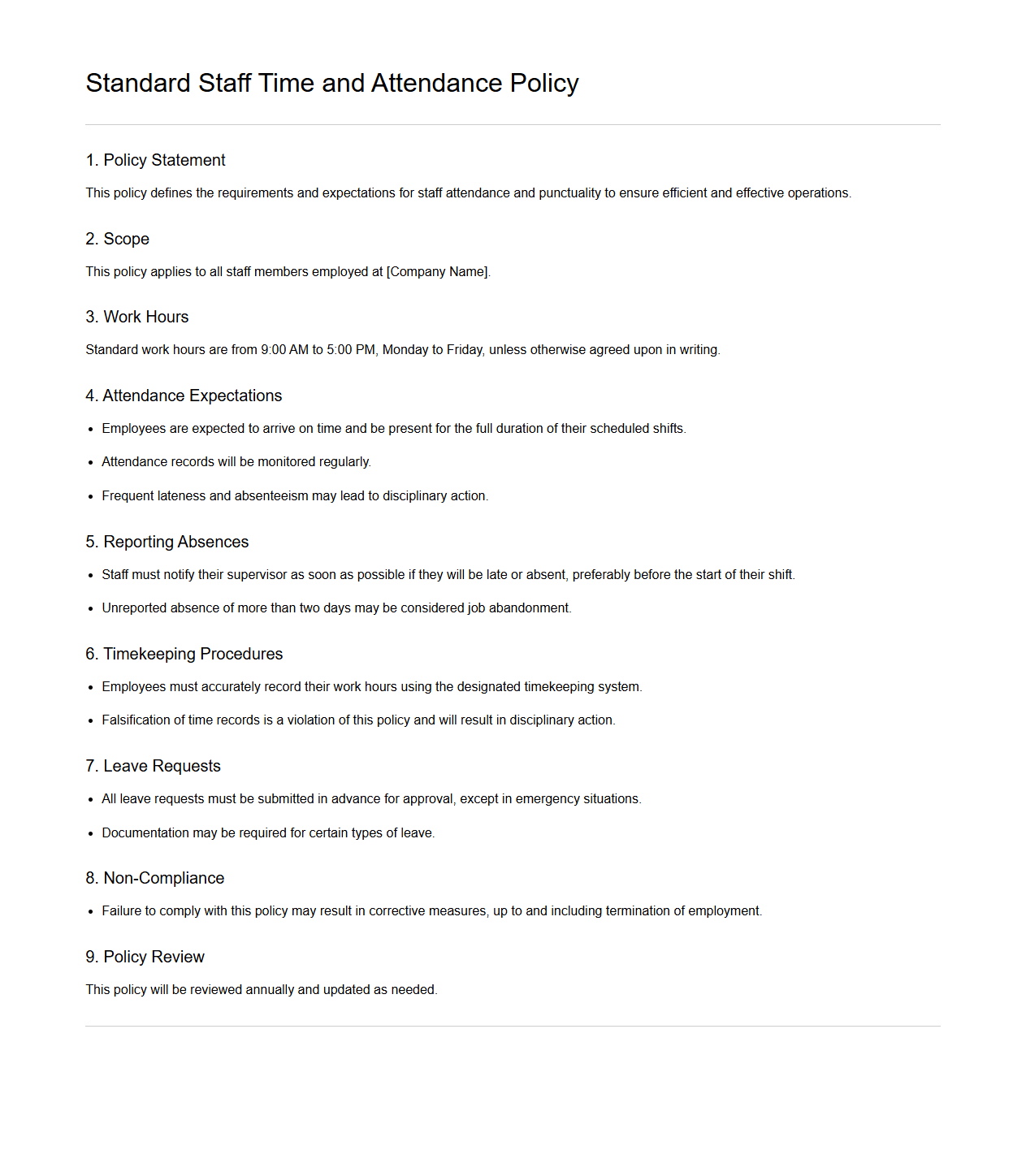 Standard Staff Time and Attendance Policy Model