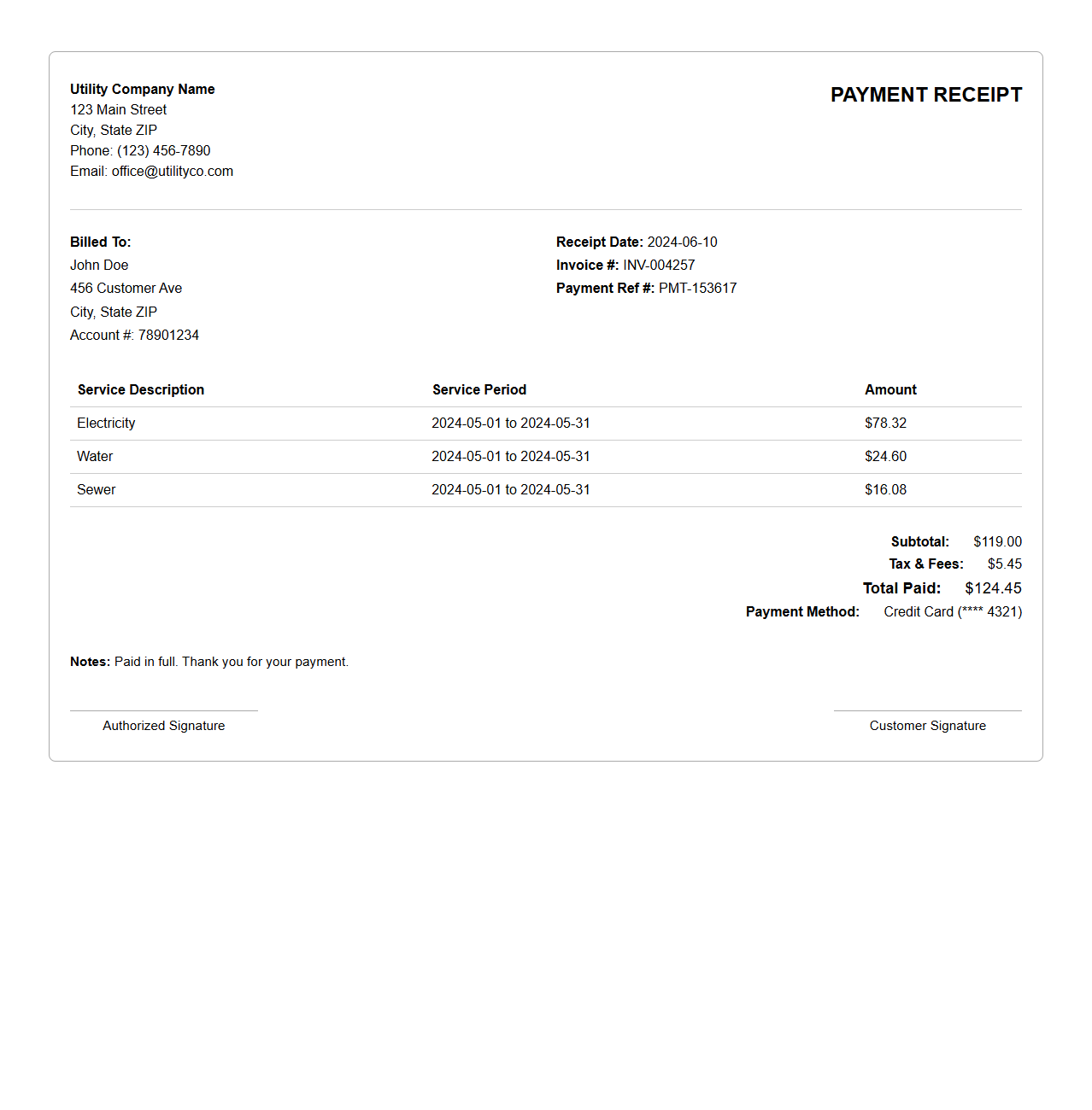 Standard Utility Invoice Payment Receipt