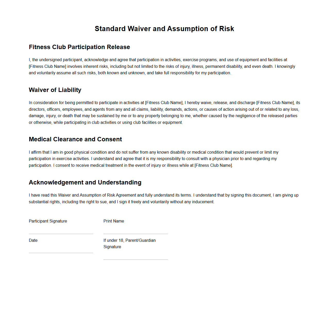 Standard Waiver and Assumption of Risk Template for Fitness Clubs