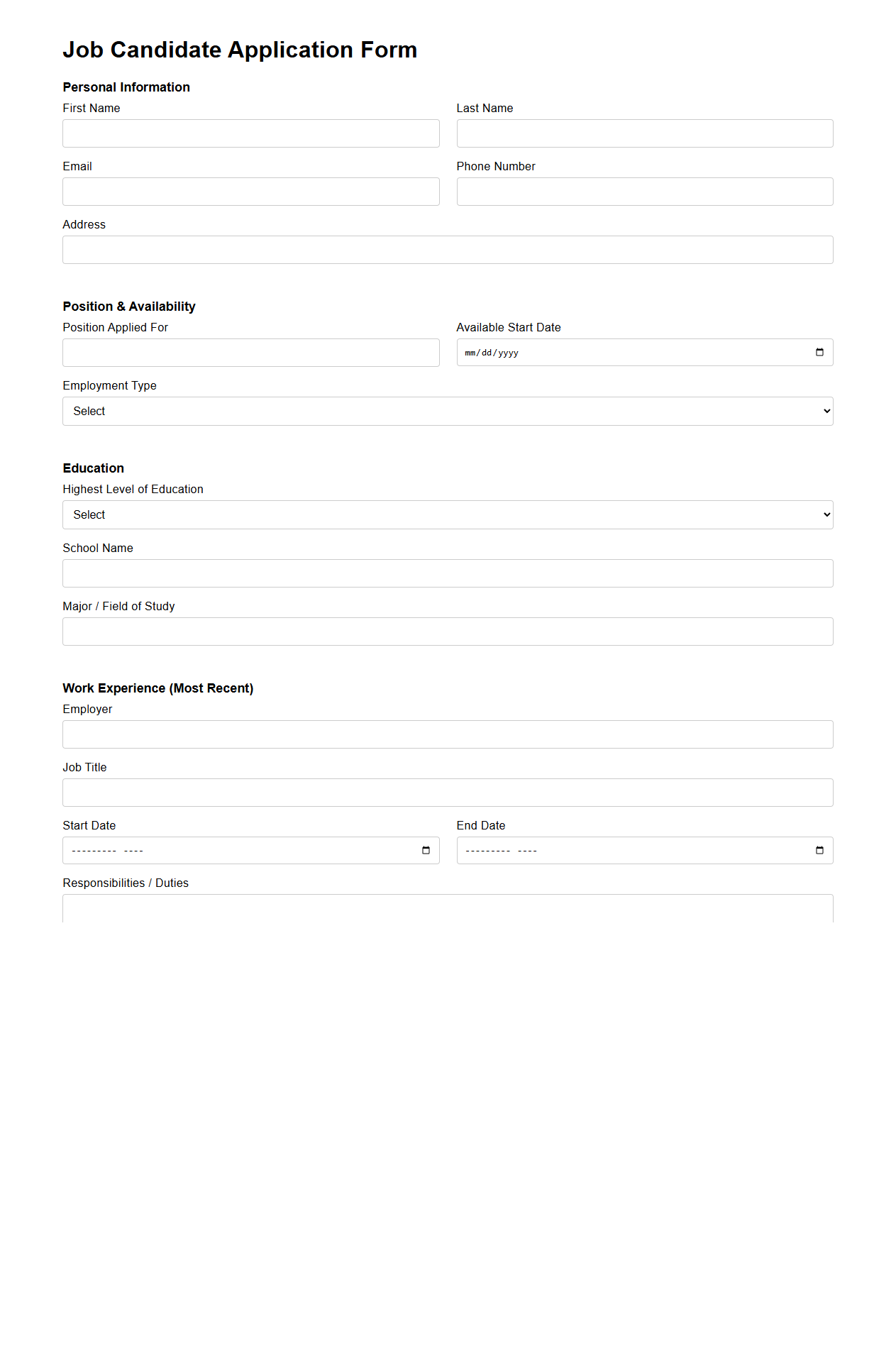 Standardized Job Candidate Application Form