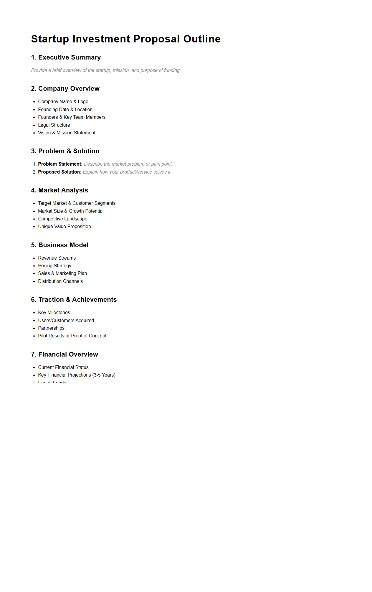 Startup Investment Proposal Outline Template