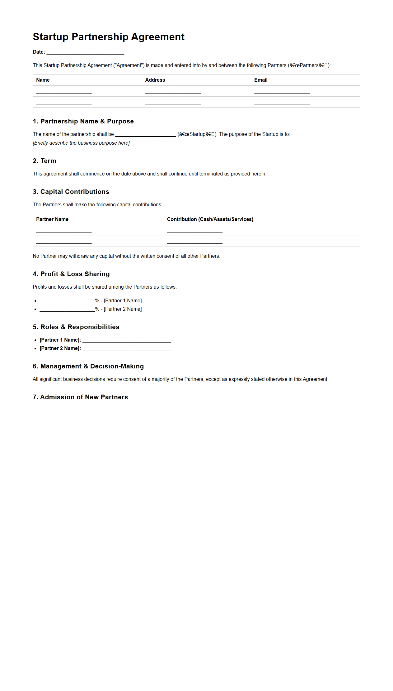 Startup Partnership Agreement Sample Format