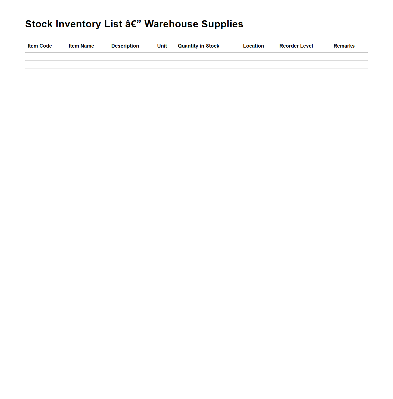 Stock Inventory List for Warehouse Supplies