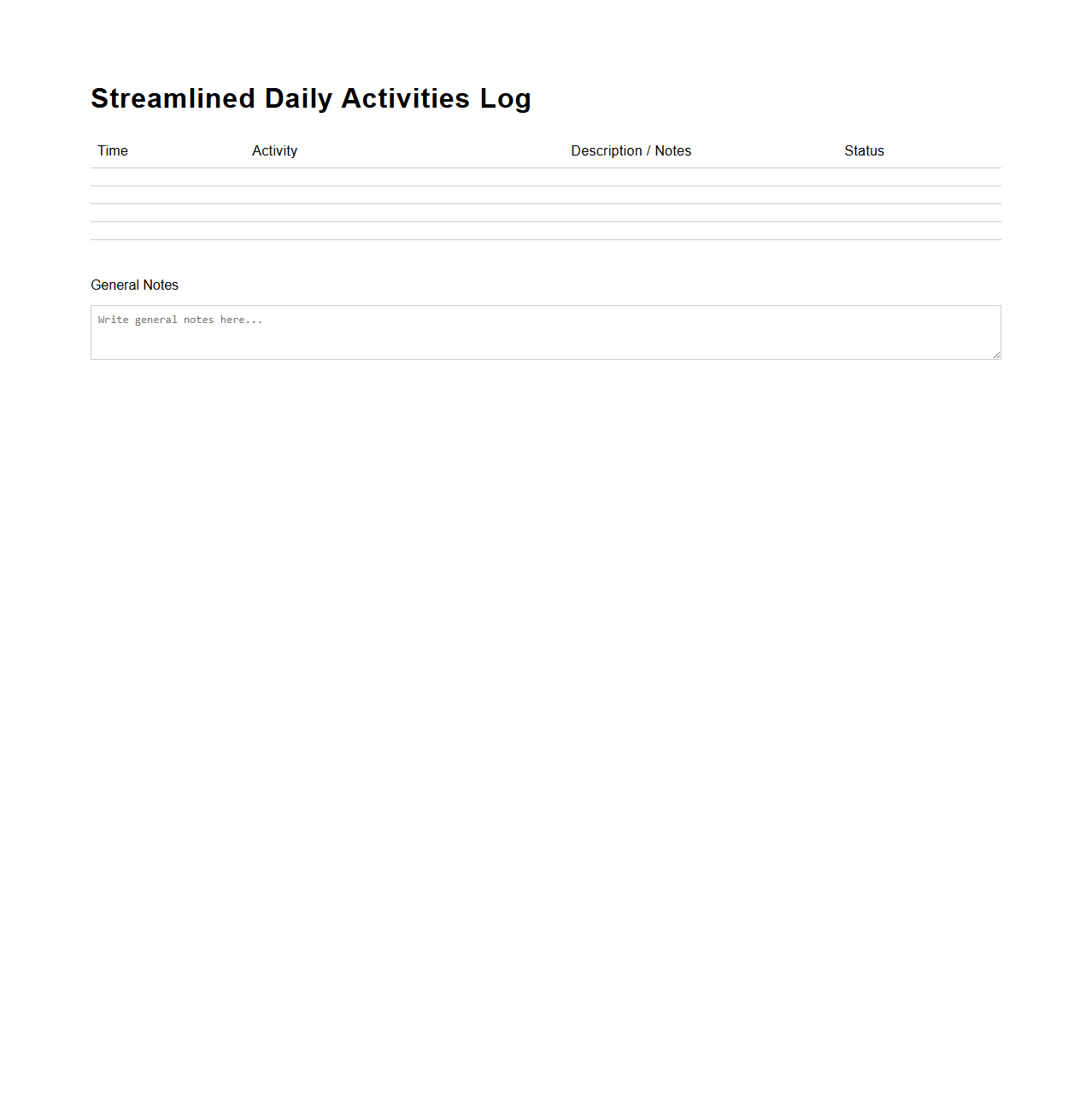Streamlined Daily Activities Log