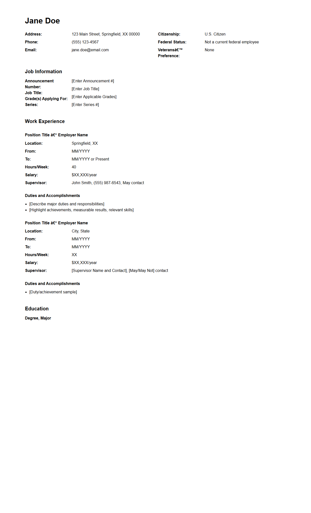 Structured Federal Resume Page for Official Job Listings