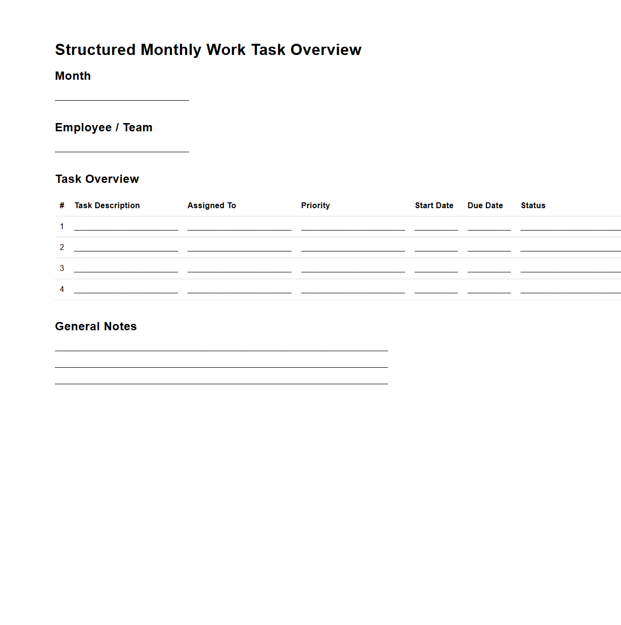 Structured Monthly Work Task Overview