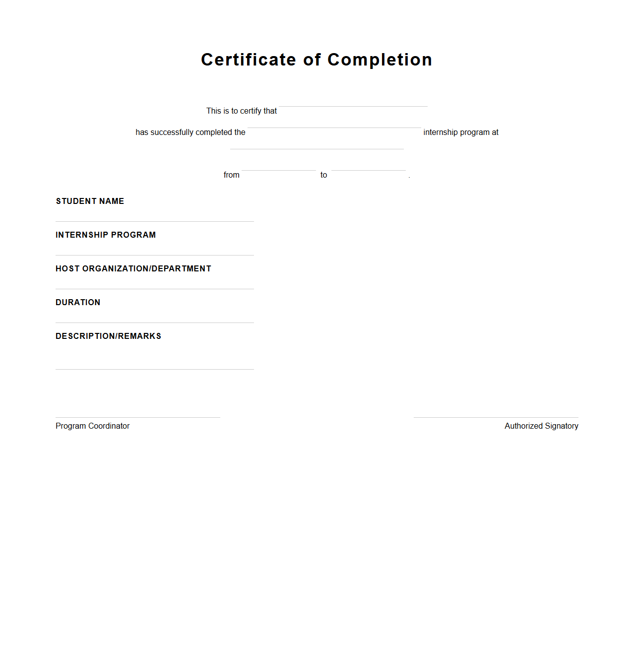 Student Internship Program Certificate Outline